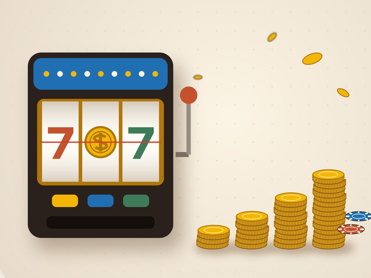 Stacks of coins rising from A$1 to A$20 next to pokie reels