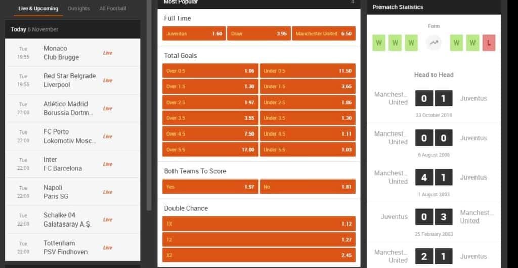 888sport Football Betting Inteface with Odds - Juventus vs Manchester United